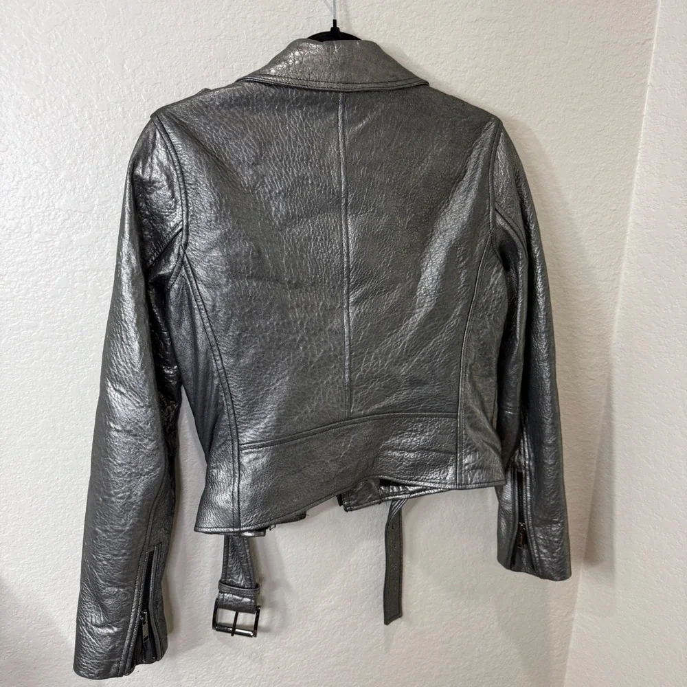 Michael Kors Silver Lamb Leather Moto Jacket Small Y2K Streetwear Metallic Biker